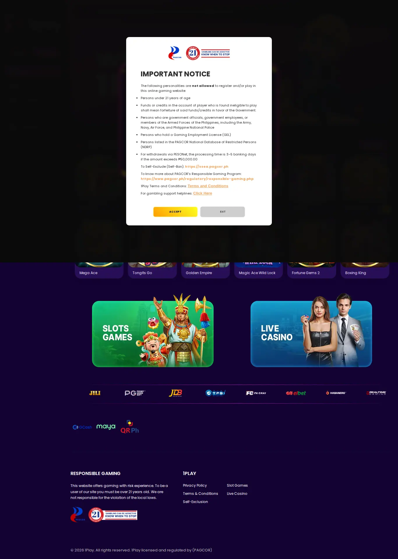 Homepage ng website ng 1play Homepage sa desktop, buong pahina, kinuha Okt 24, 2026
