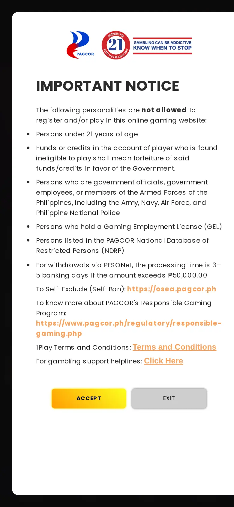 Website ng 1play Homepage sa mobile, kinuha Okt 24, 2026