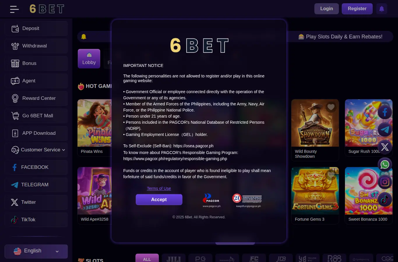 6BET Philippines Official Site website homepage on desktop, full page, captured Oct 24, 2026