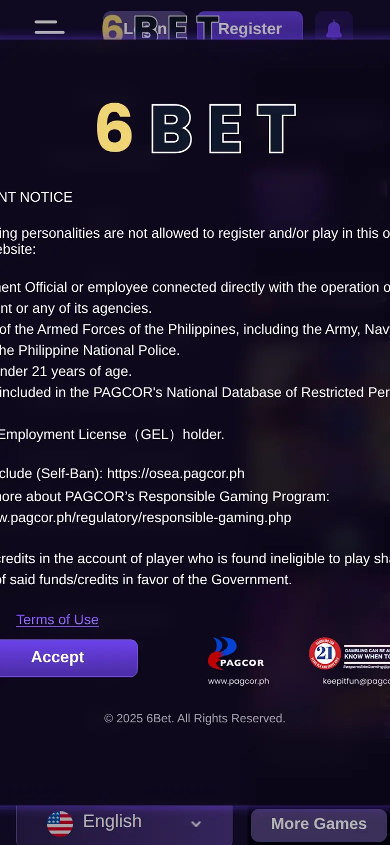 6BET Philippines Official Site website on mobile, captured Oct 24, 2026