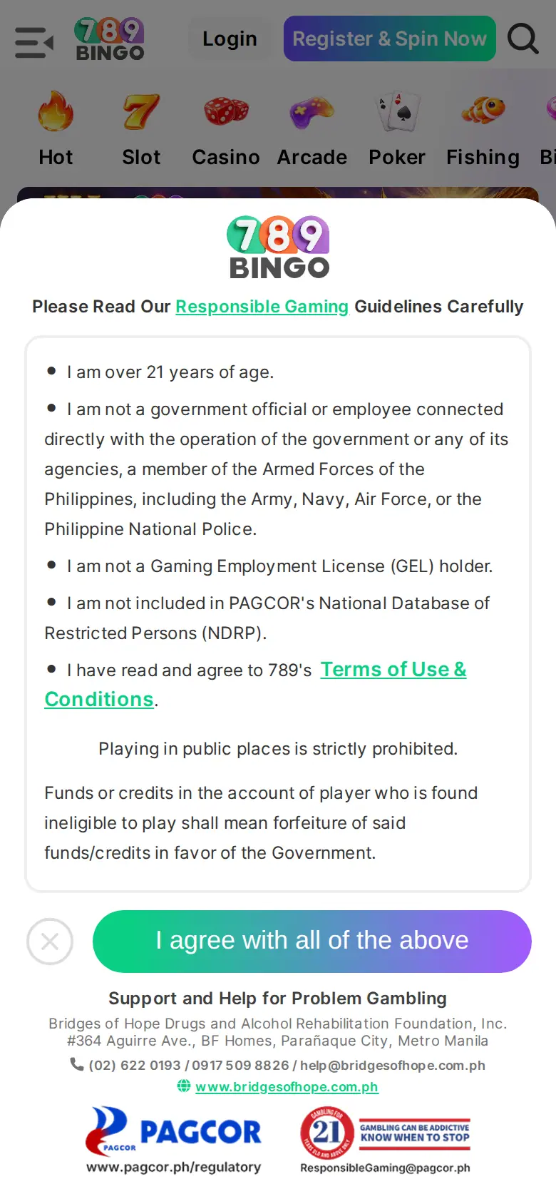 789Bingo website on mobile, captured Oct 24, 2026