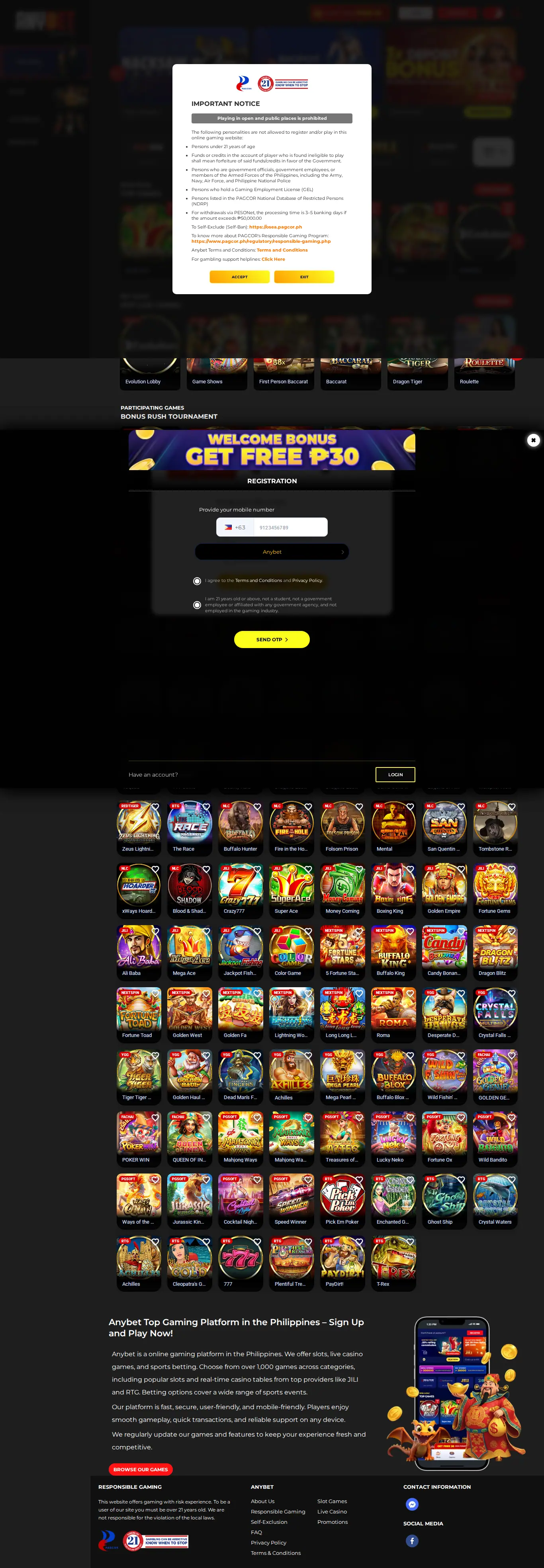 Anybet website homepage on desktop, full page, captured Oct 24, 2026