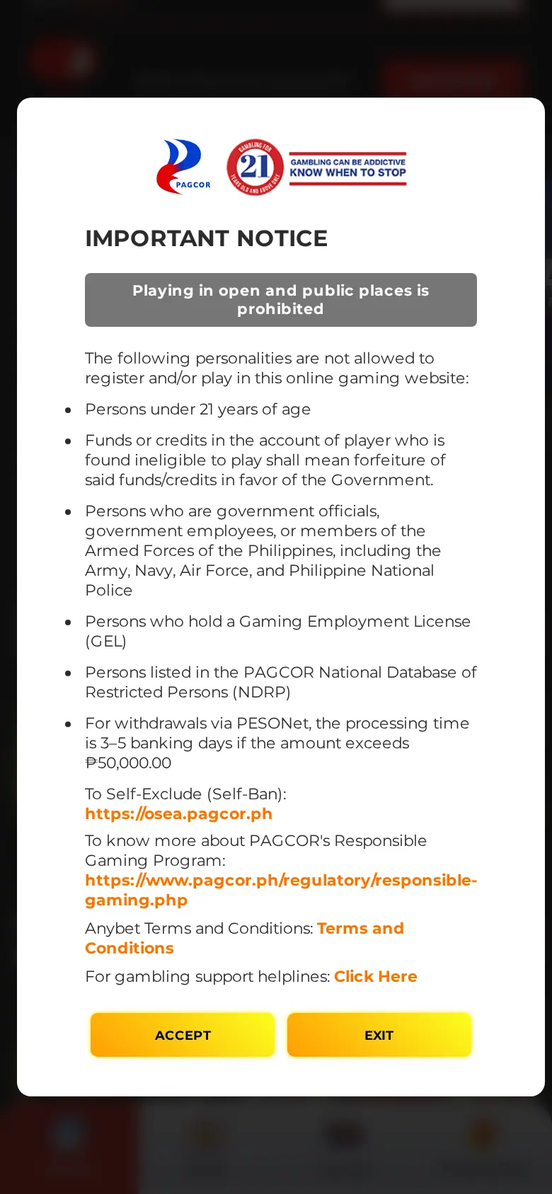 Anybet website on mobile, captured Oct 24, 2026