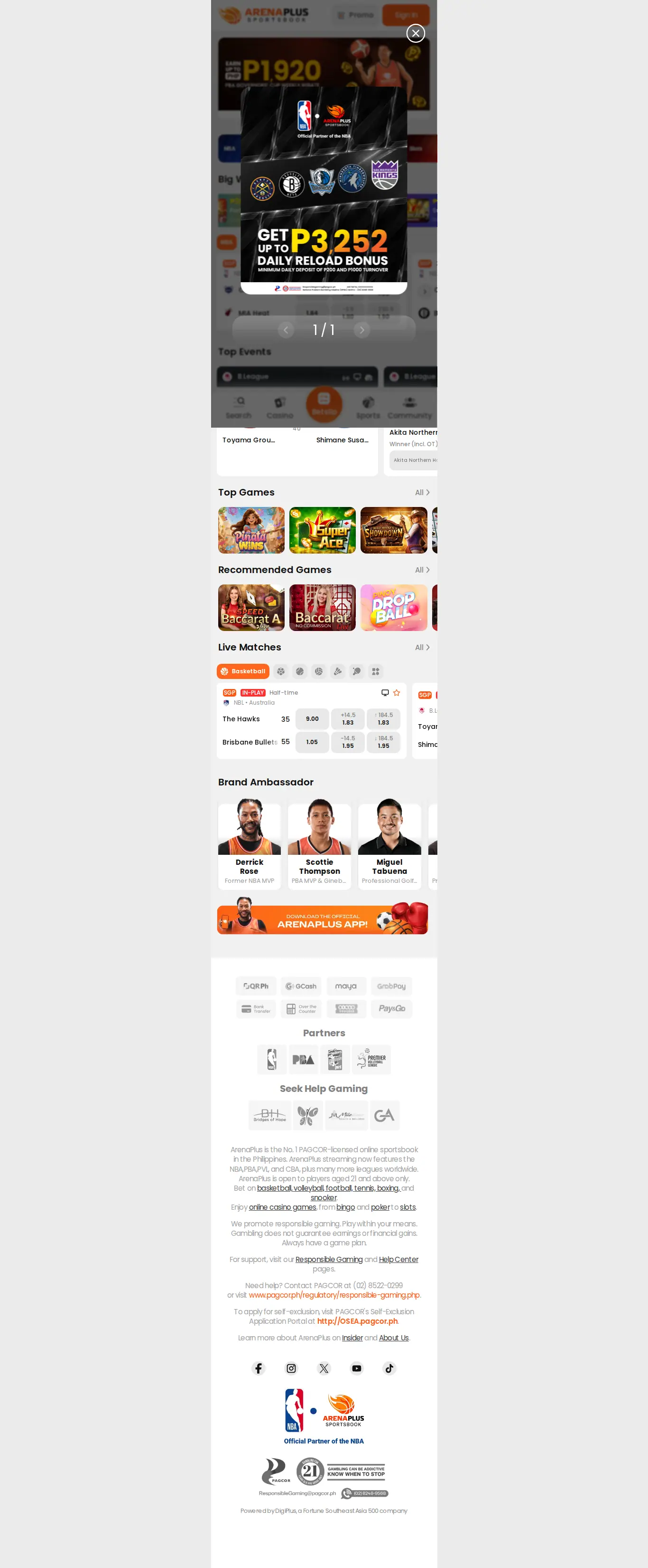 ArenaPlus website homepage on desktop, full page, captured Oct 24, 2026