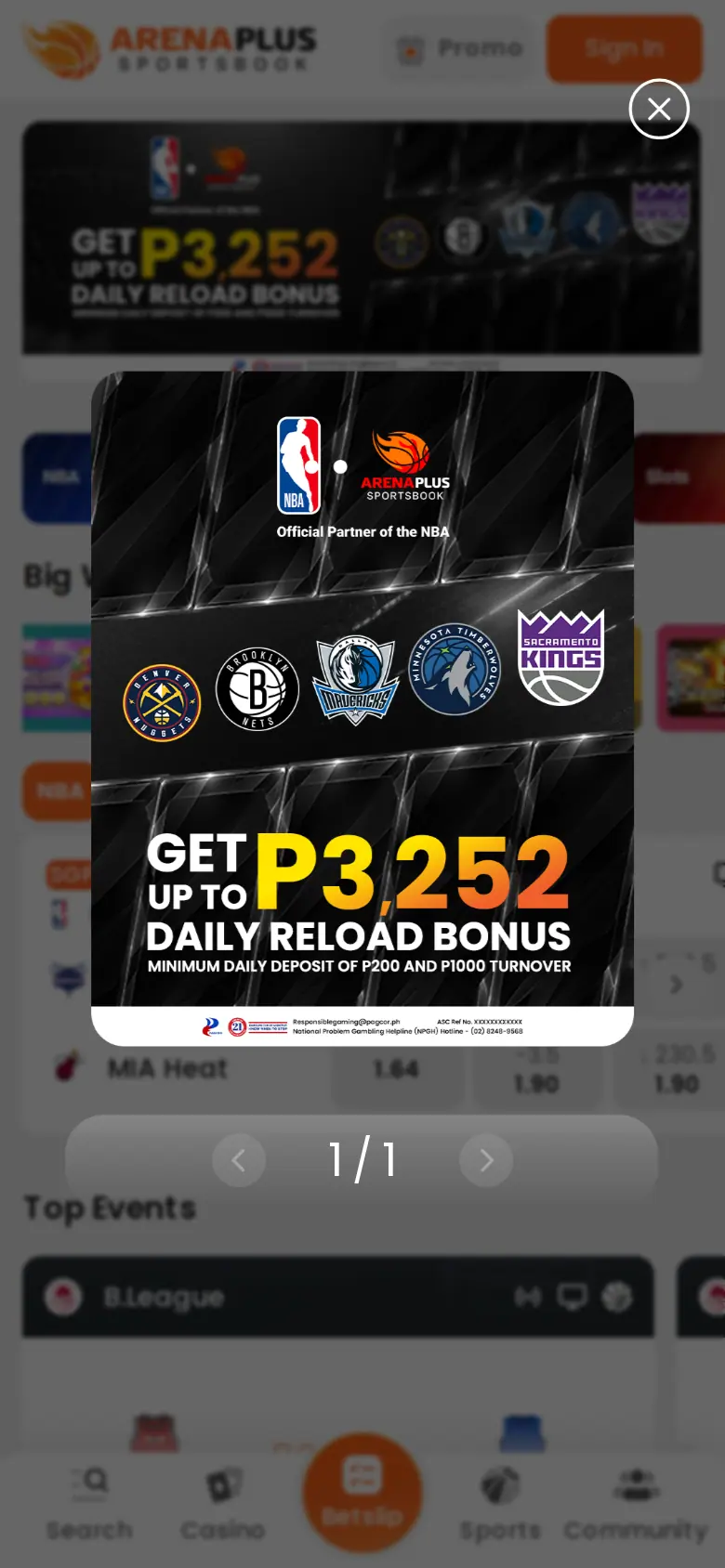 ArenaPlus website on mobile, captured Oct 24, 2026