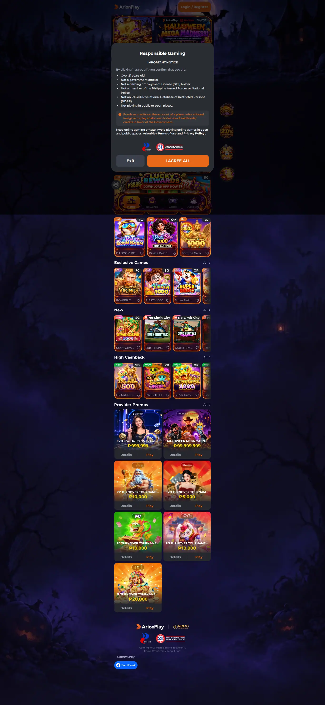 ArionPlay website homepage on desktop, full page, captured Oct 24, 2026