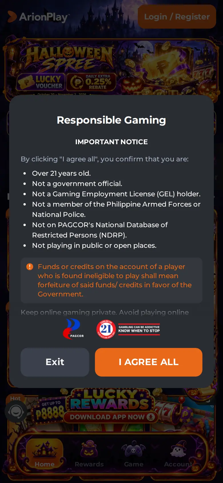 ArionPlay website on mobile, captured Oct 24, 2026