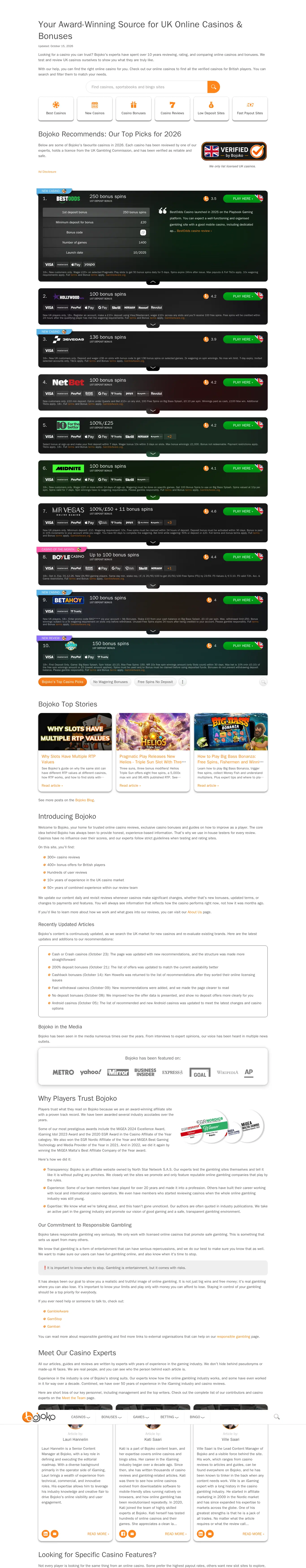 Bojoko website homepage on desktop, full page, captured Oct 27, 2026
