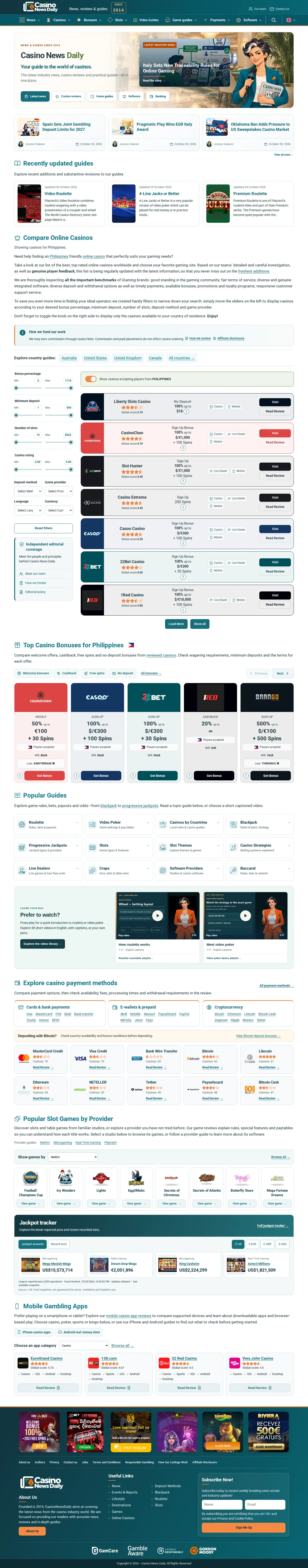 Casino News Daily website homepage on desktop, full page, captured Oct 27, 2026