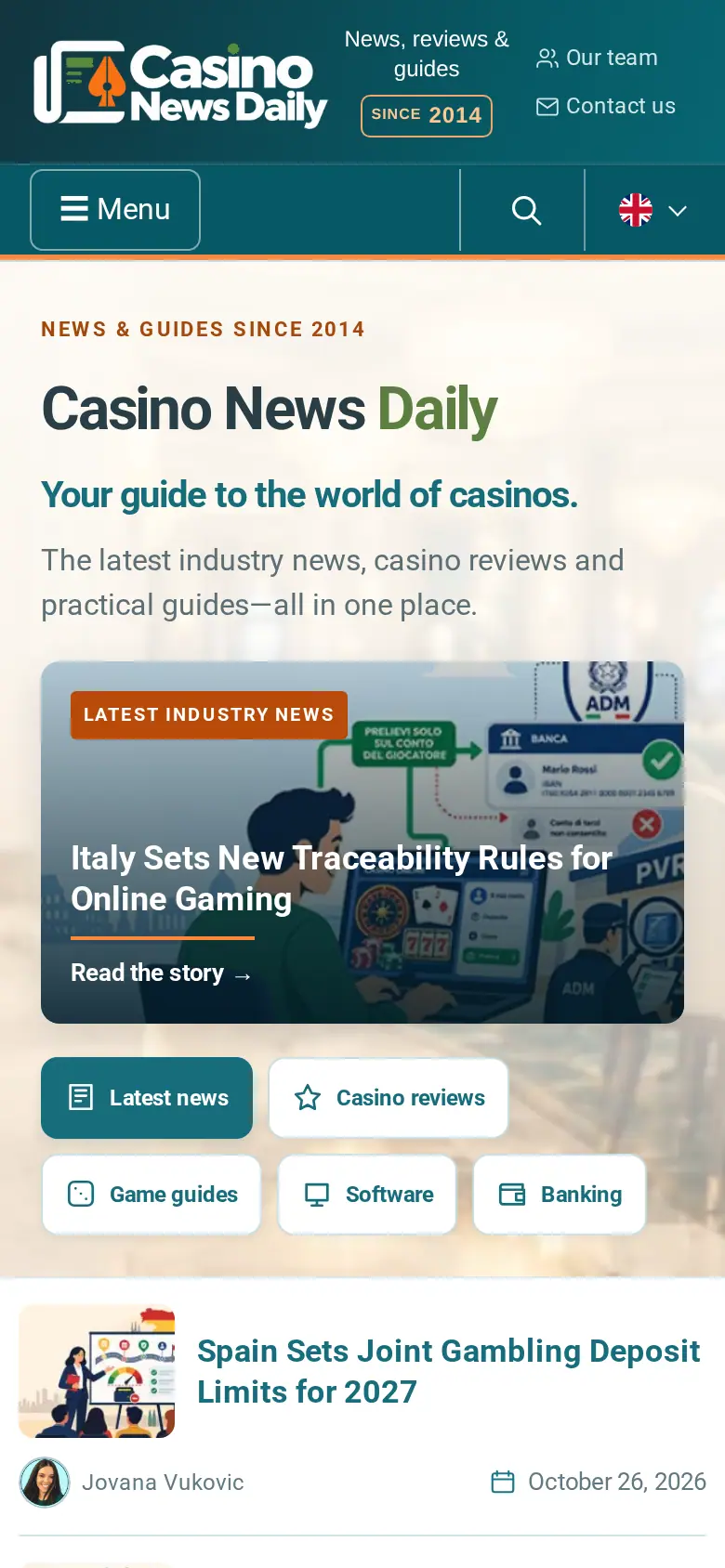 Casino News Daily website on mobile, captured Oct 27, 2026