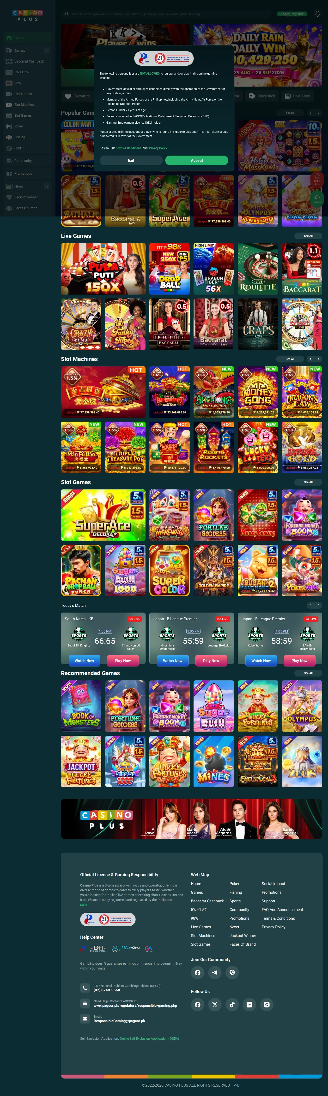 Casino Plus website homepage on desktop, full page, captured Oct 24, 2026