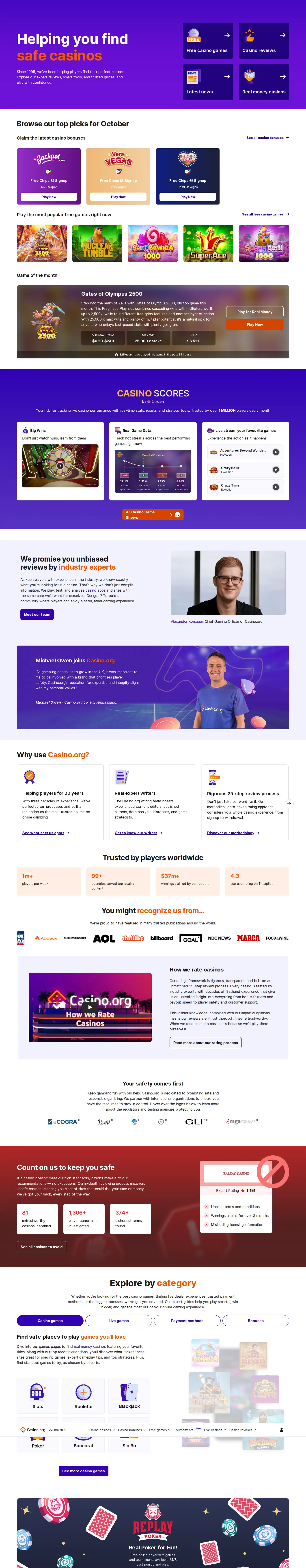 Homepage ng website ng Casino.org sa desktop, buong pahina, kinuha Okt 28, 2026