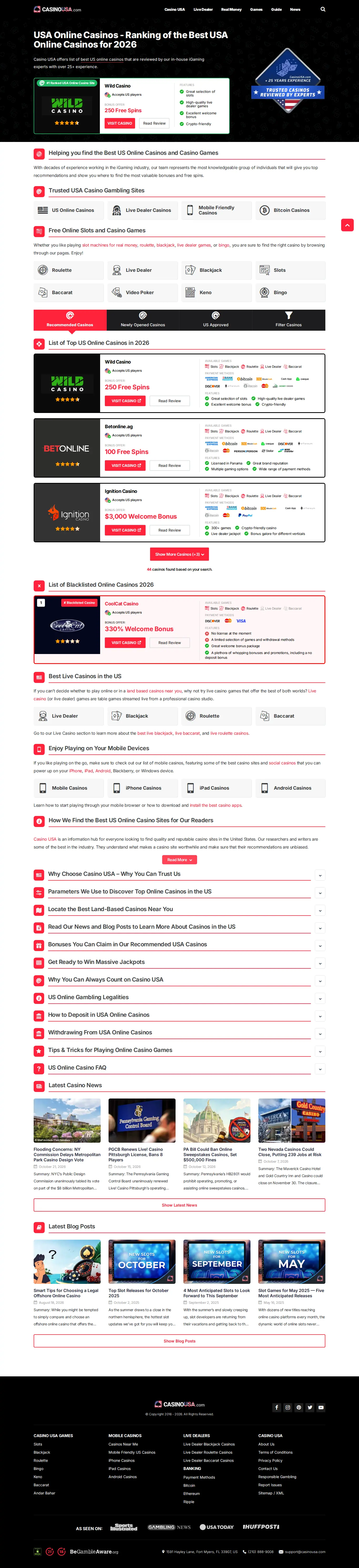 CasinoUSA website homepage on desktop, full page, captured Oct 27, 2026