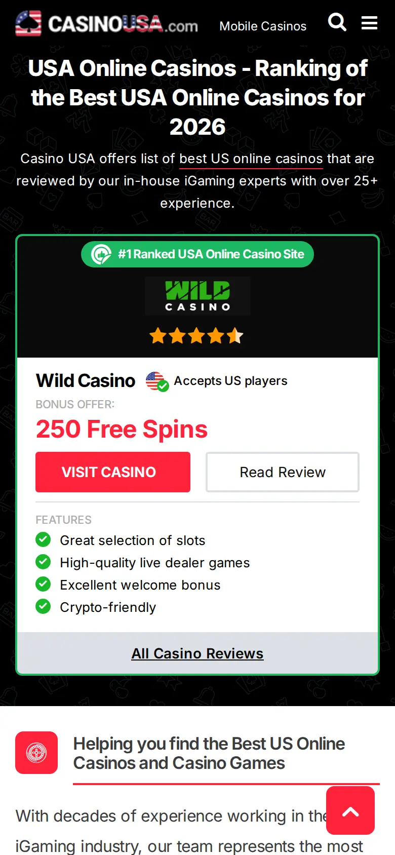 CasinoUSA website on mobile, captured Oct 27, 2026
