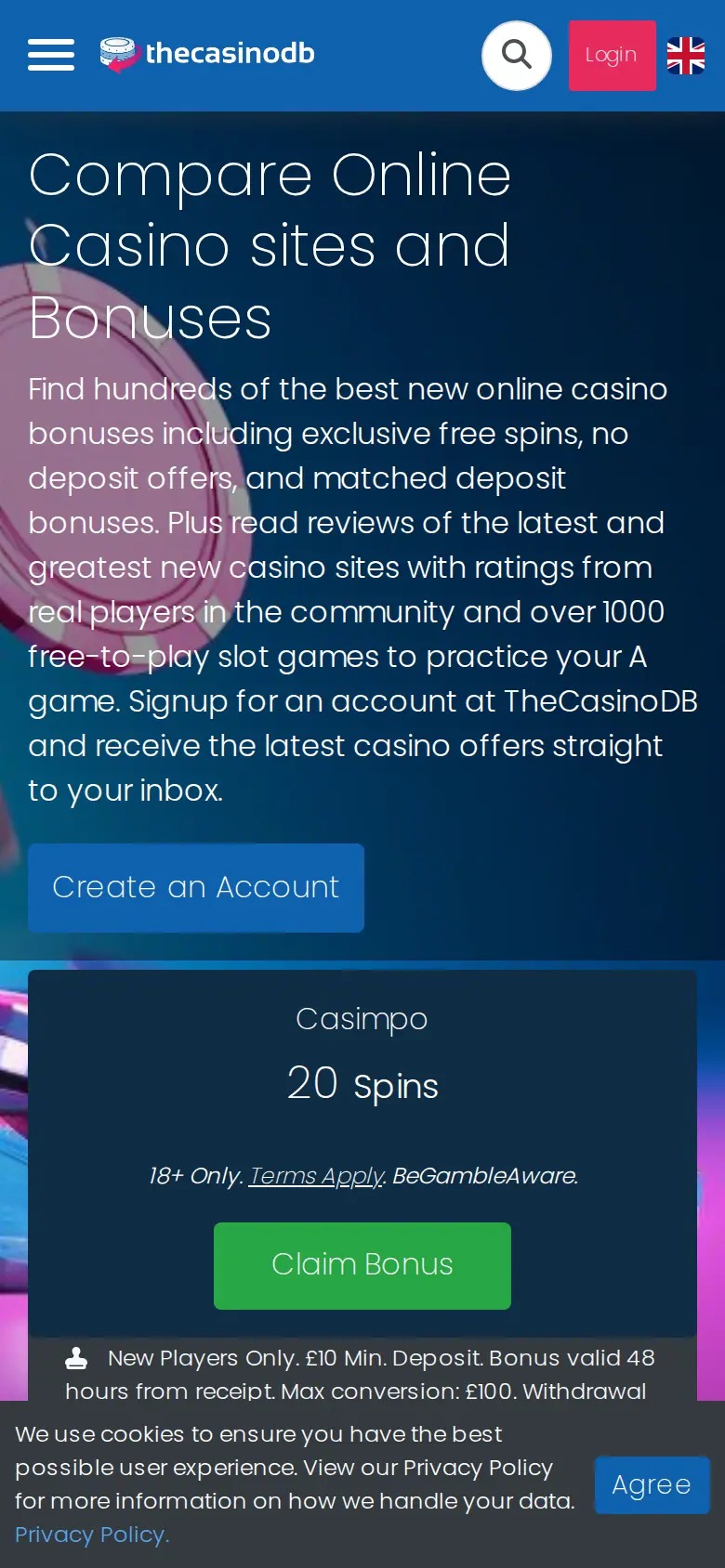Compare Online Casino sites and Bonuses website on mobile, captured Oct 27, 2026