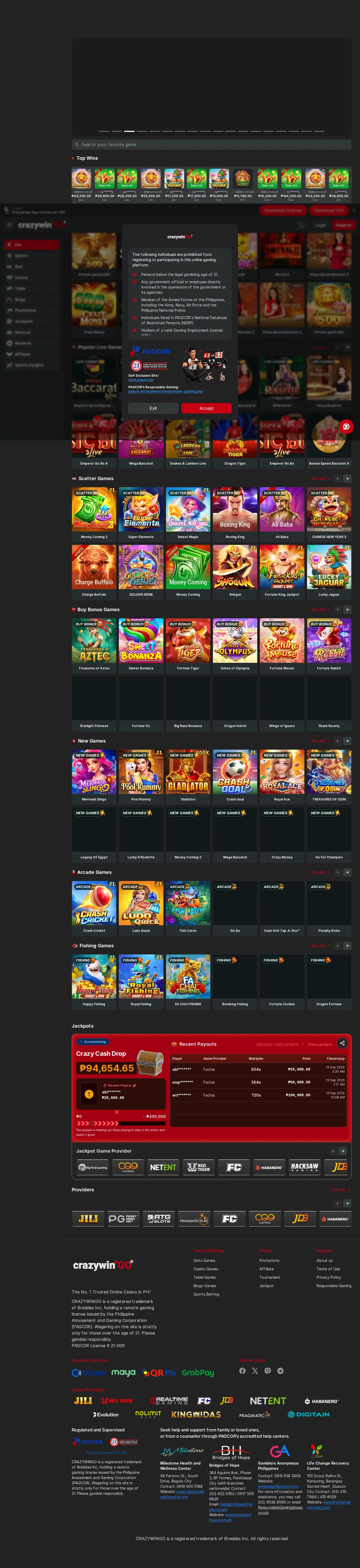 Homepage ng website ng CrazywinGO sa desktop, buong pahina, kinuha Okt 24, 2026