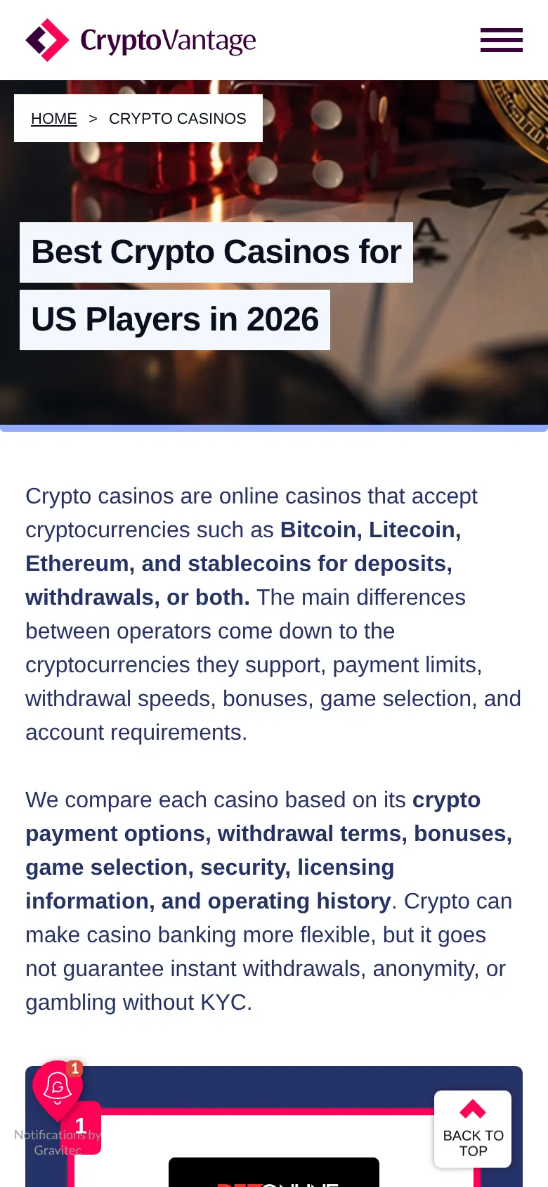Website ng CryptoVantage sa mobile, kinuha Okt 27, 2026