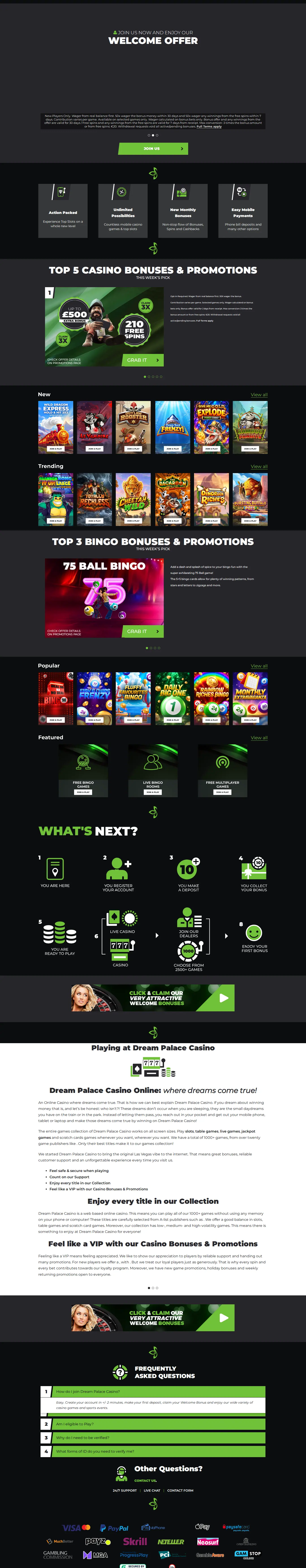 Dream Palace Casino website homepage on desktop, full page, captured Oct 27, 2026