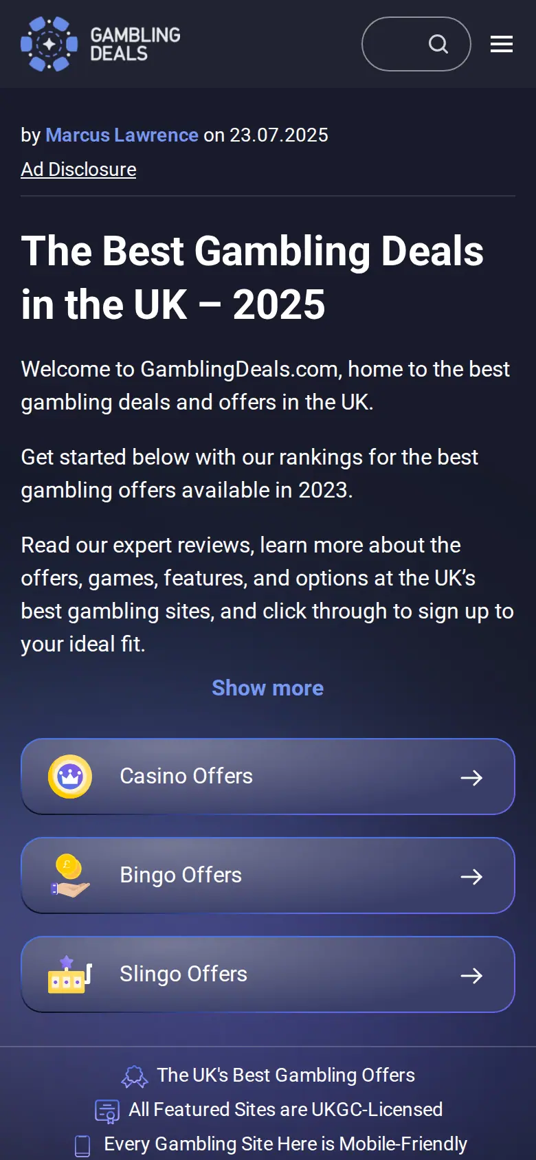 Gambling Deals website on mobile, captured Oct 27, 2026