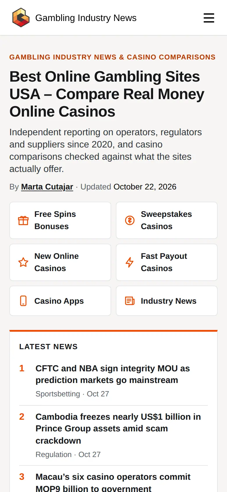 Gambling Industry News website on mobile, captured Oct 27, 2026