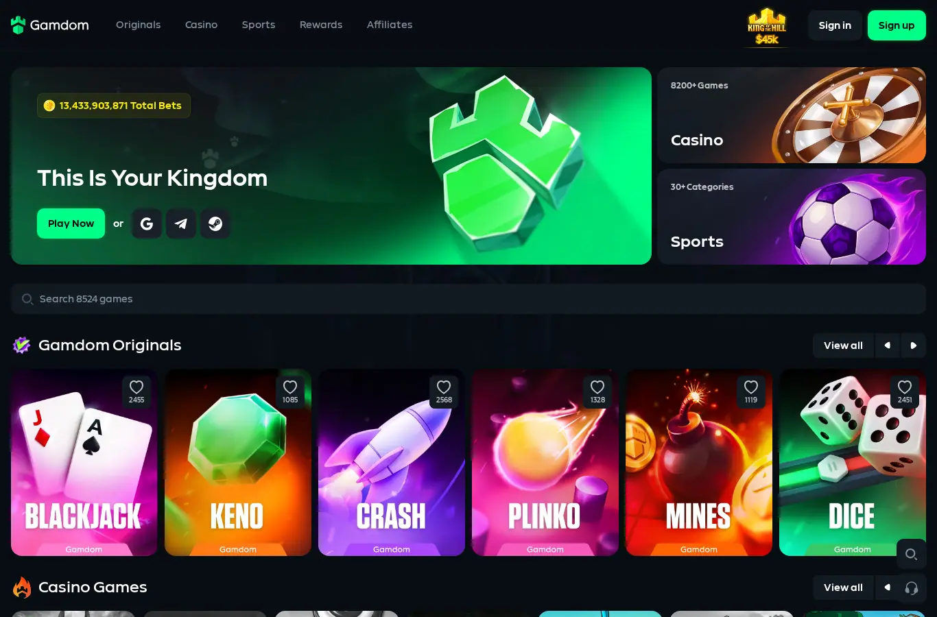 Gamdom: Crypto Casino & Sportsbook website homepage on desktop, full page, captured Oct 27, 2026