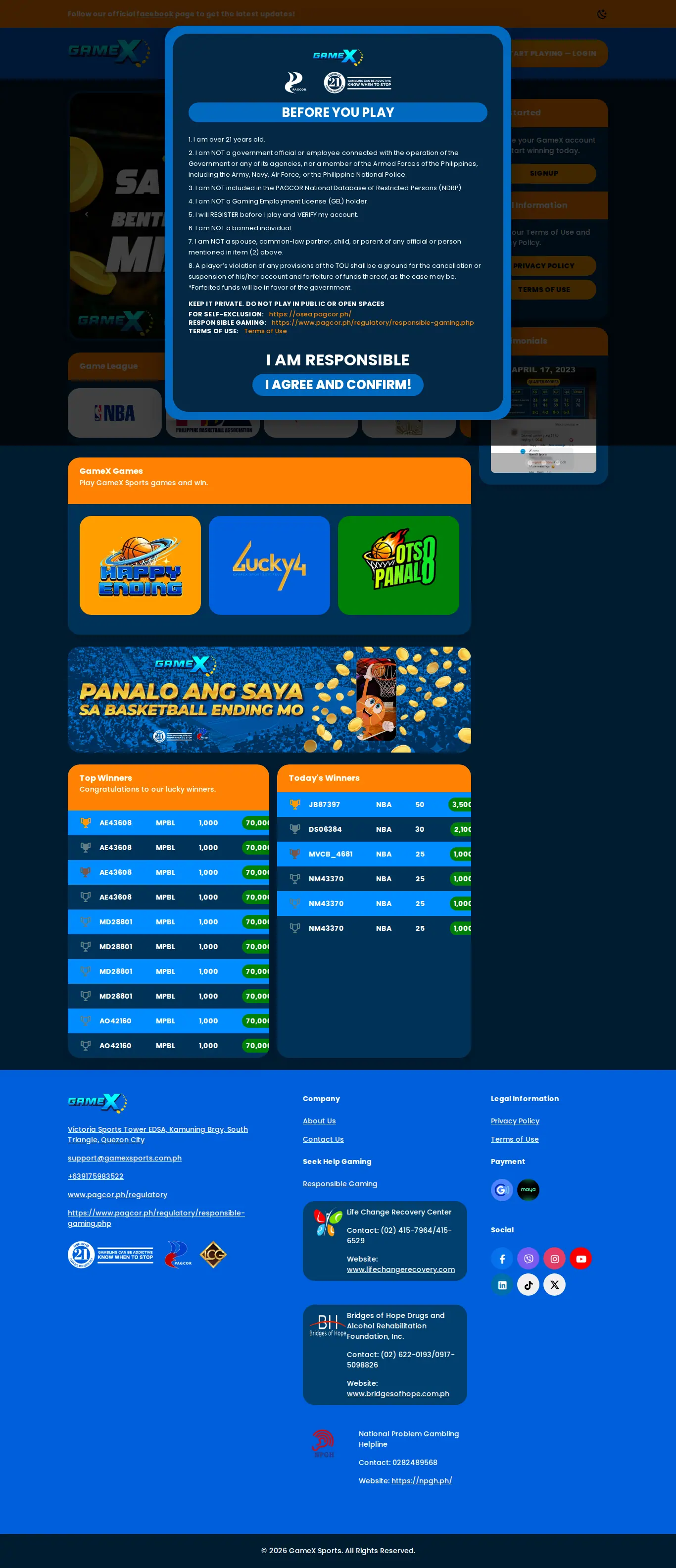 Homepage ng website ng GameX Sports sa desktop, buong pahina, kinuha Okt 24, 2026