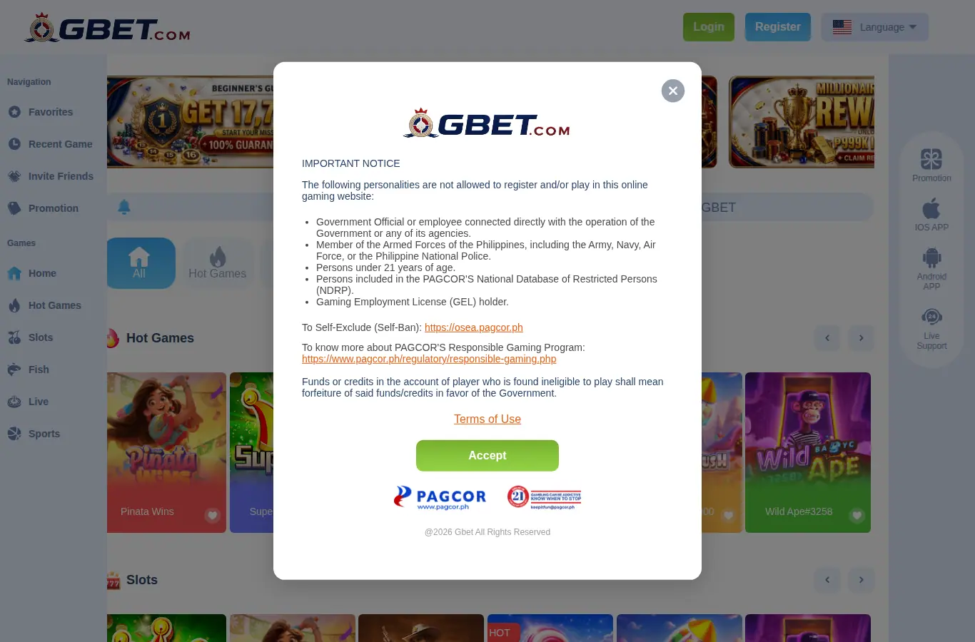 Homepage ng website ng GBET Philippines Official Site sa desktop, buong pahina, kinuha Okt 24, 2026
