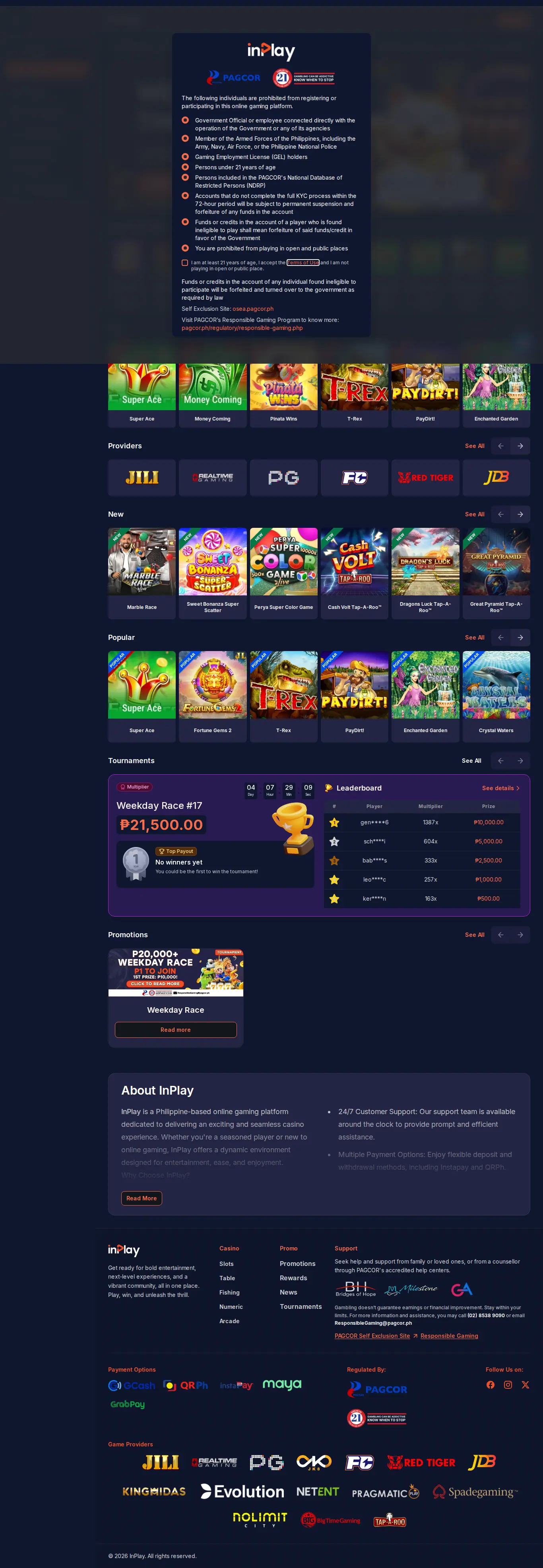 Inplay website homepage on desktop, full page, captured Oct 26, 2026