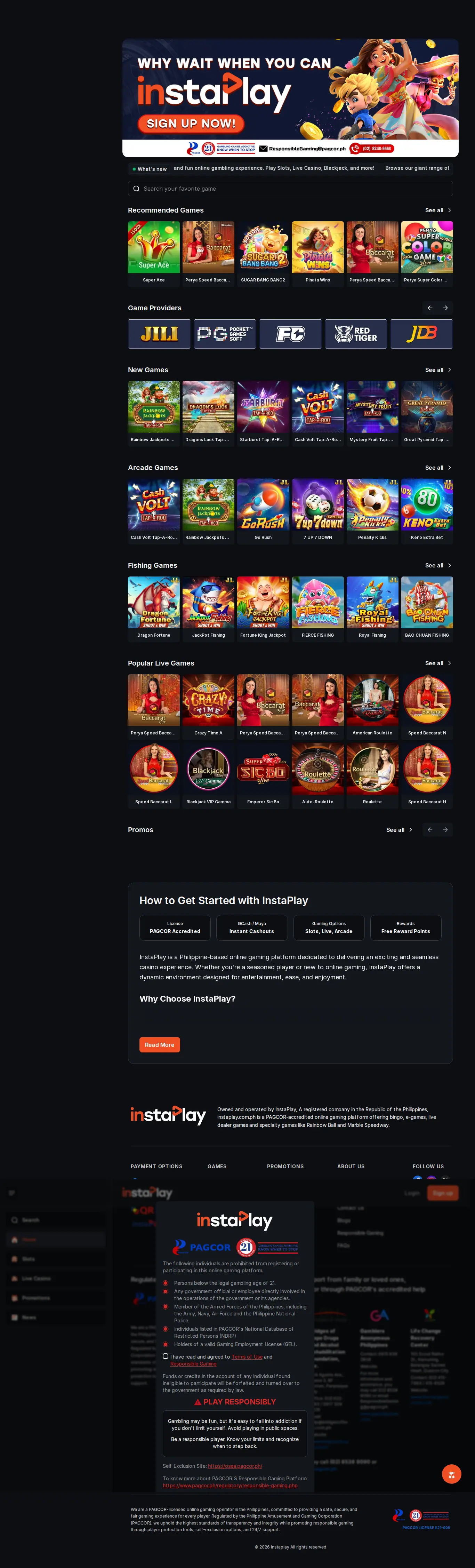 InstaPlay website homepage on desktop, full page, captured Oct 24, 2026