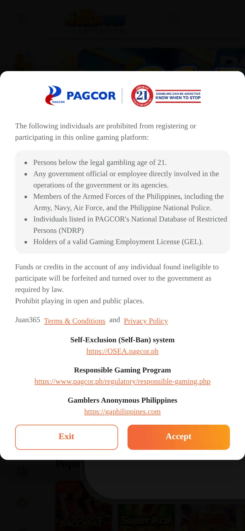 JUAN365 website on mobile, captured Oct 24, 2026