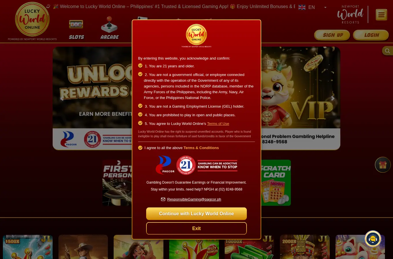 Lucky World Online website homepage on desktop, full page, captured Oct 24, 2026