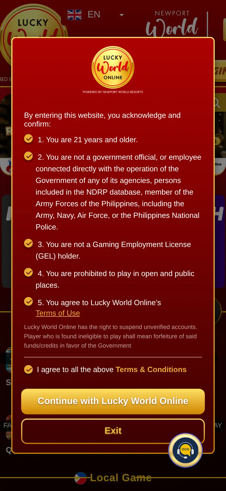 Lucky World Online website on mobile, captured Oct 24, 2026