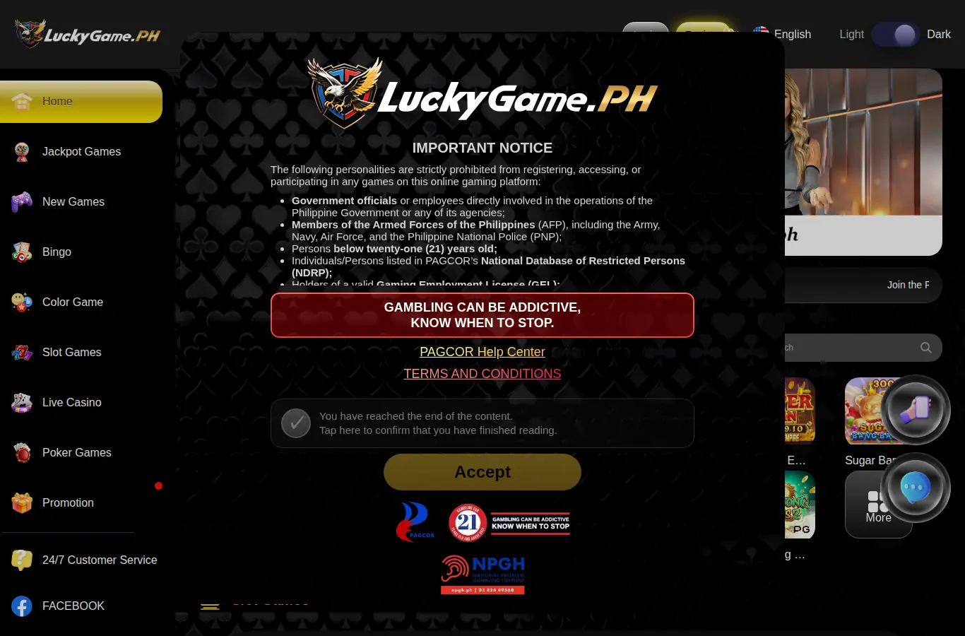LuckyGame.PH website homepage on desktop, full page, captured Oct 24, 2026