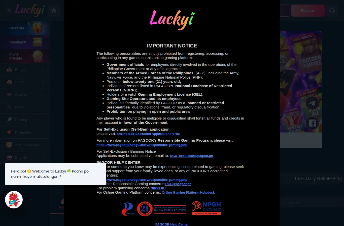 Luckyi🍀Win Big, Feel Lucky💰 website homepage on desktop, full page, captured Oct 24, 2026