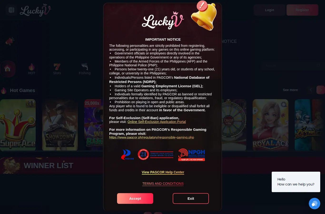 LUCKYV website homepage on desktop, full page, captured Oct 24, 2026