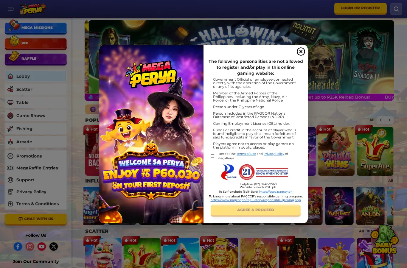 Homepage ng website ng MegaPerya sa desktop, buong pahina, kinuha Okt 24, 2026