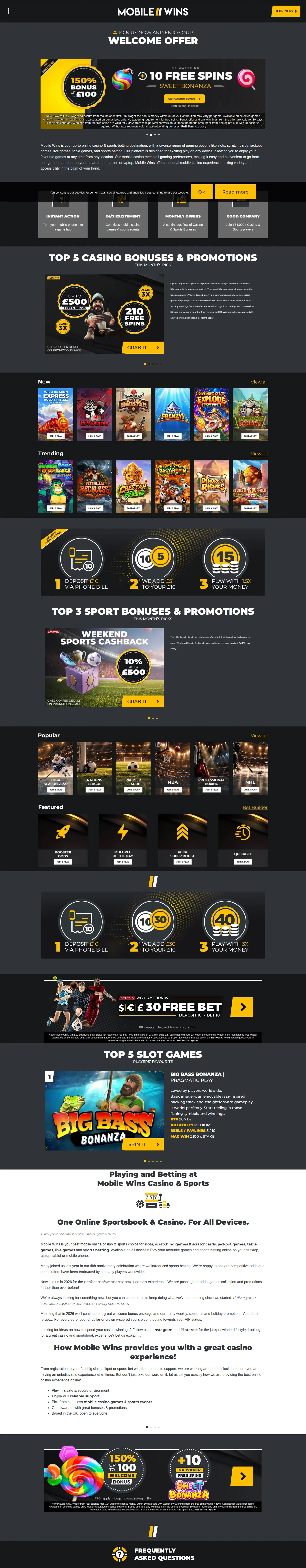 Mobile Wins website homepage on desktop, full page, captured Oct 27, 2026