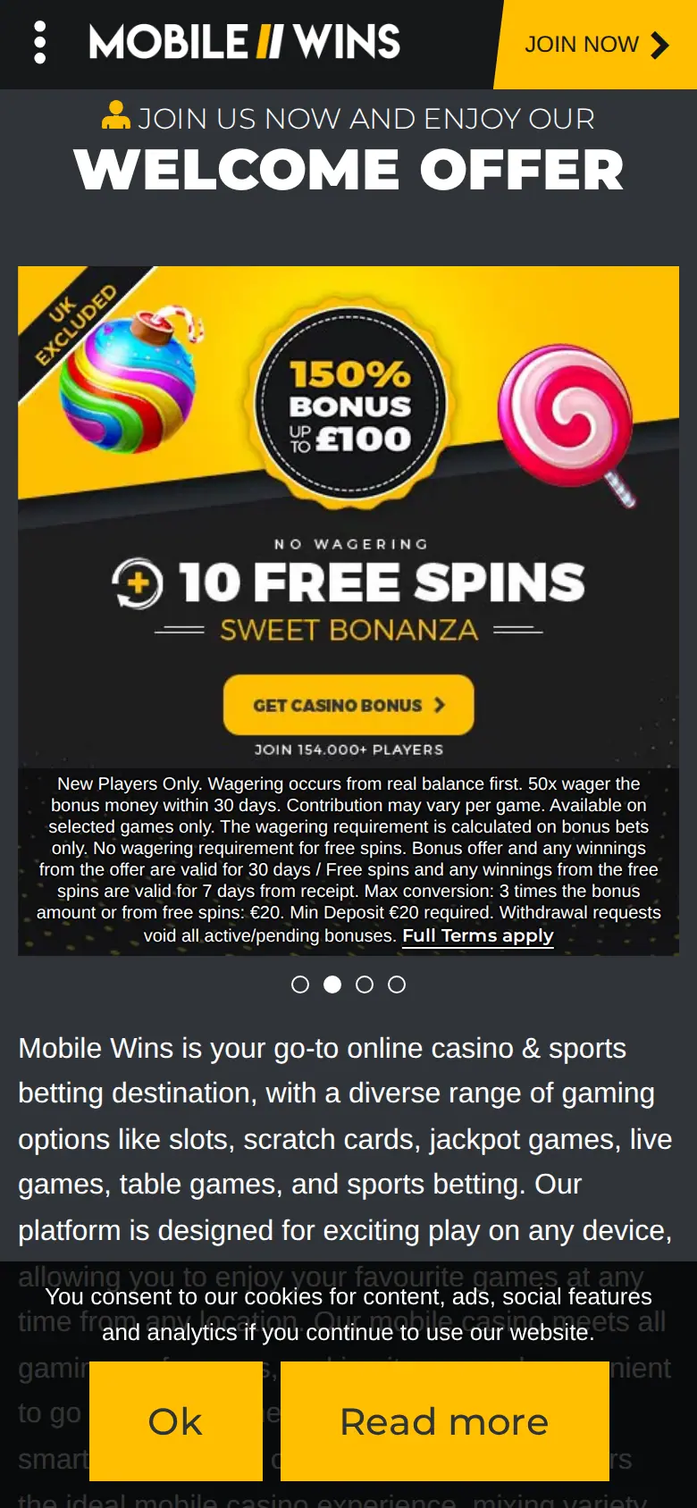 Mobile Wins website on mobile, captured Oct 27, 2026