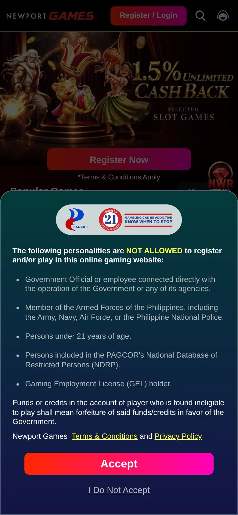 Newport Games Philippines website on mobile, captured Oct 24, 2026