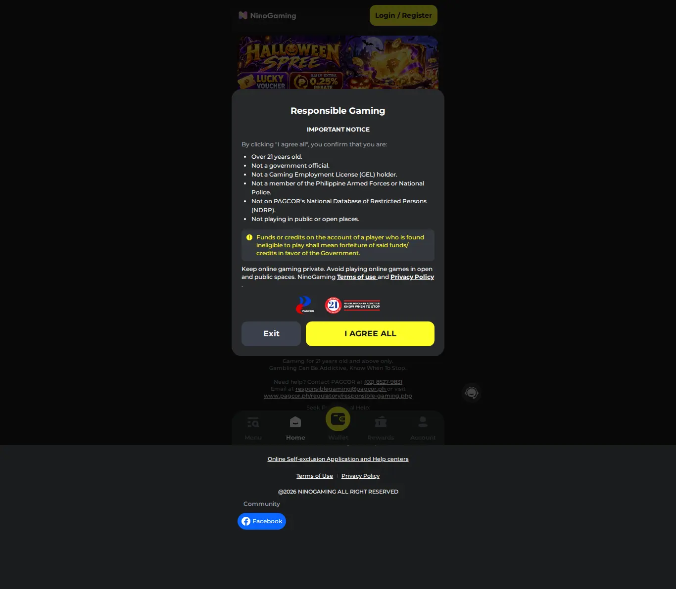 NinoGaming website homepage on desktop, full page, captured Oct 24, 2026