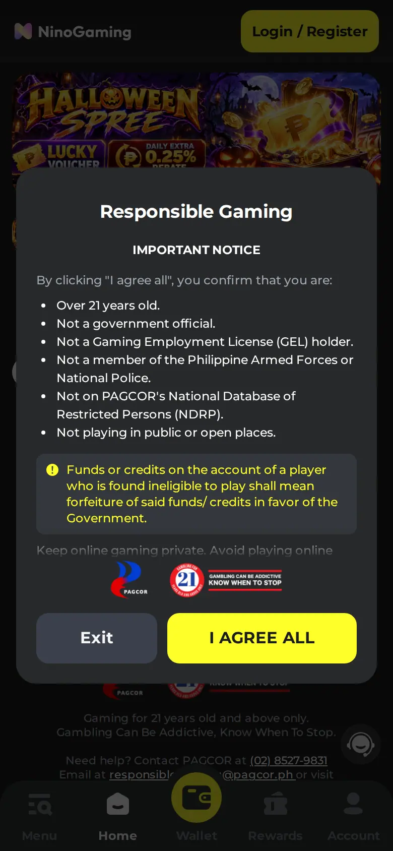 NinoGaming website on mobile, captured Oct 24, 2026
