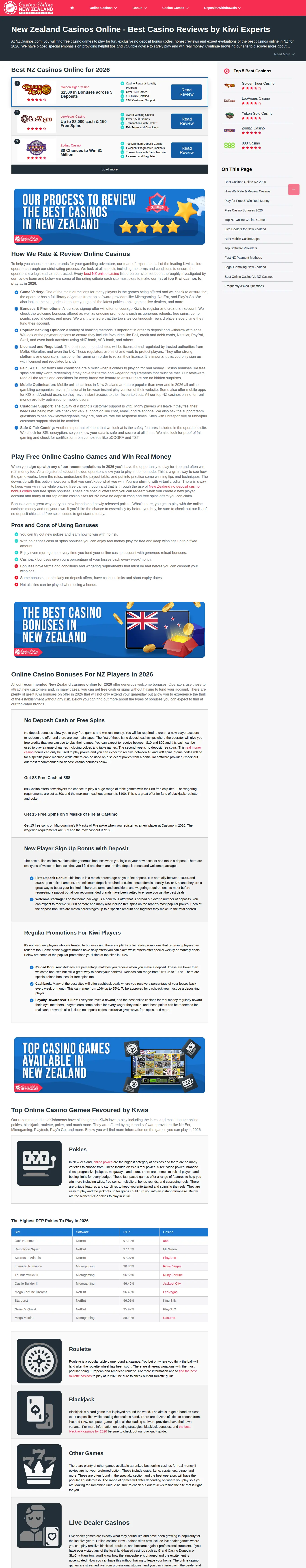 Homepage ng website ng NZCasinos.com sa desktop, buong pahina, kinuha Okt 27, 2026
