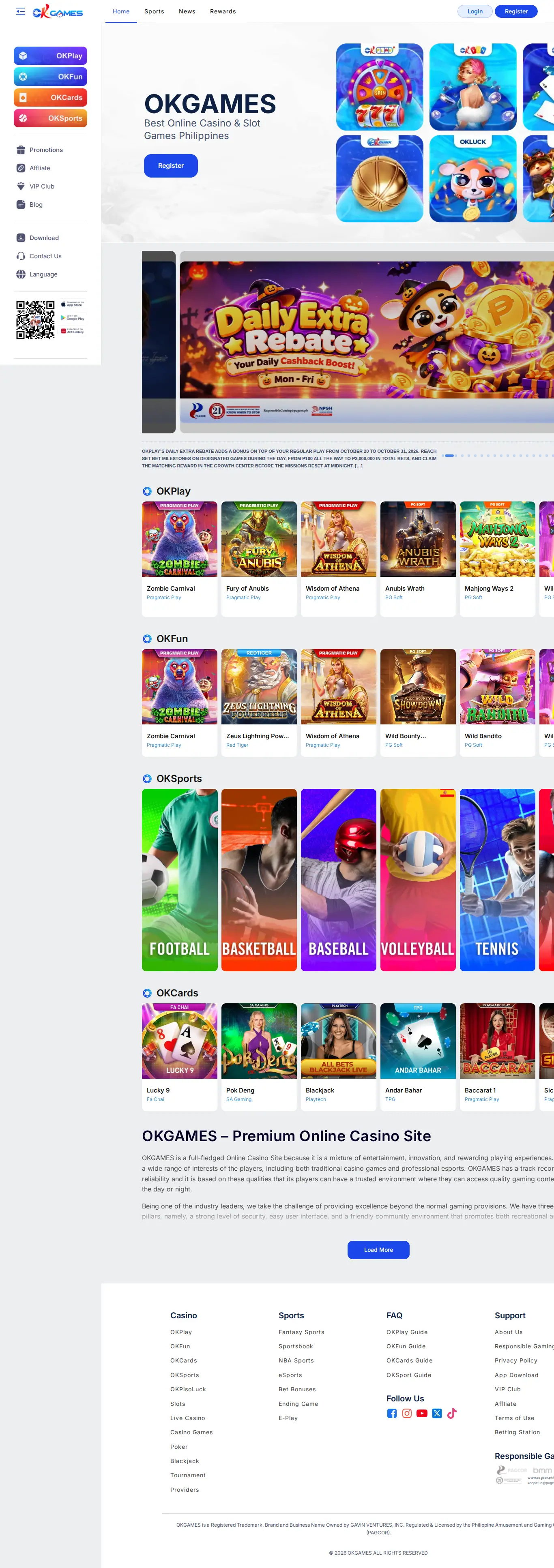 Homepage ng website ng OKGames sa desktop, buong pahina, kinuha Okt 24, 2026
