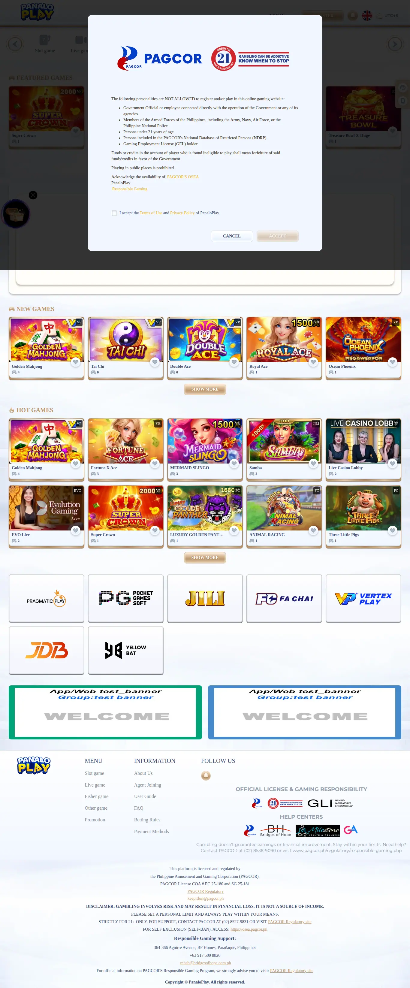 PanaloPlay website homepage on desktop, full page, captured Oct 24, 2026