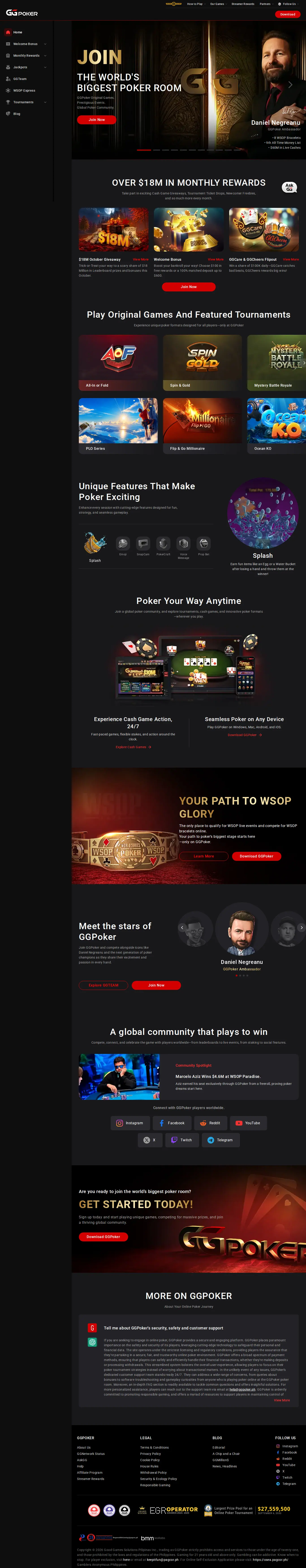 Play Online Poker at The World's Biggest Poker Room website homepage on desktop, full page, captured Oct 24, 2026