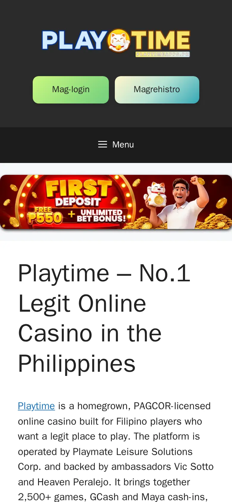 Playtime website on mobile, captured Oct 28, 2026