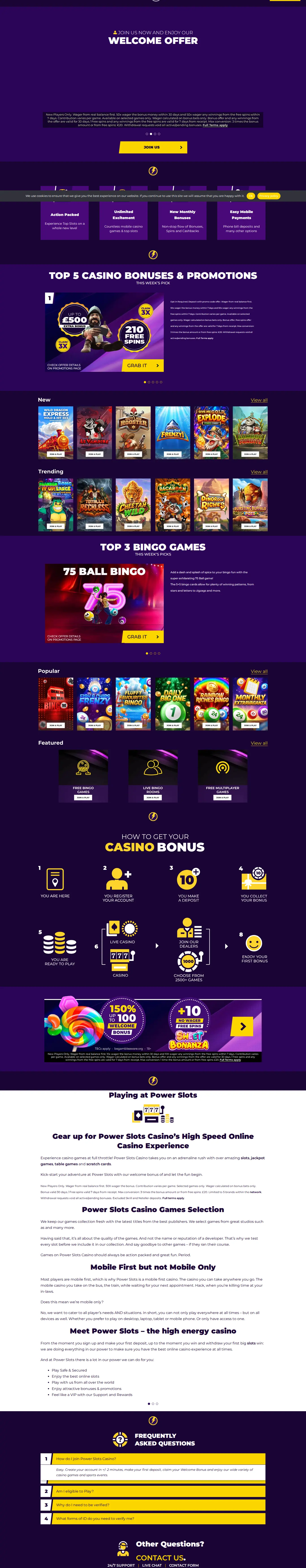 Power Slots website homepage on desktop, full page, captured Oct 27, 2026
