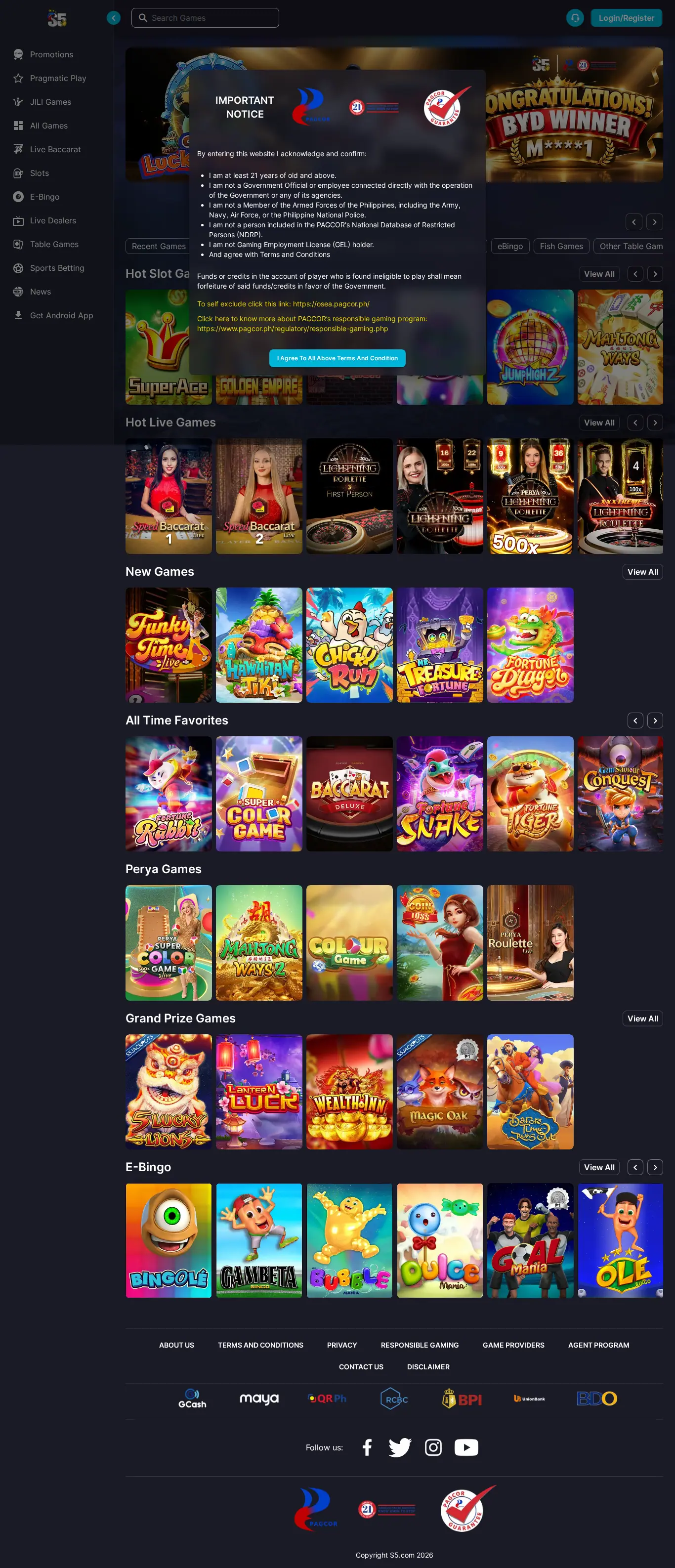 Homepage ng website ng S5 Casino sa desktop, buong pahina, kinuha Okt 24, 2026