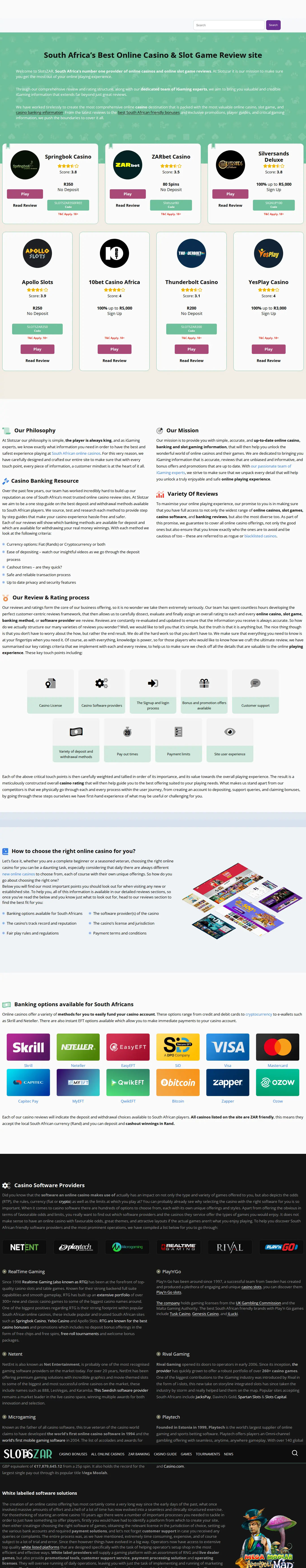 Slots ZAR website homepage on desktop, full page, captured Oct 27, 2026