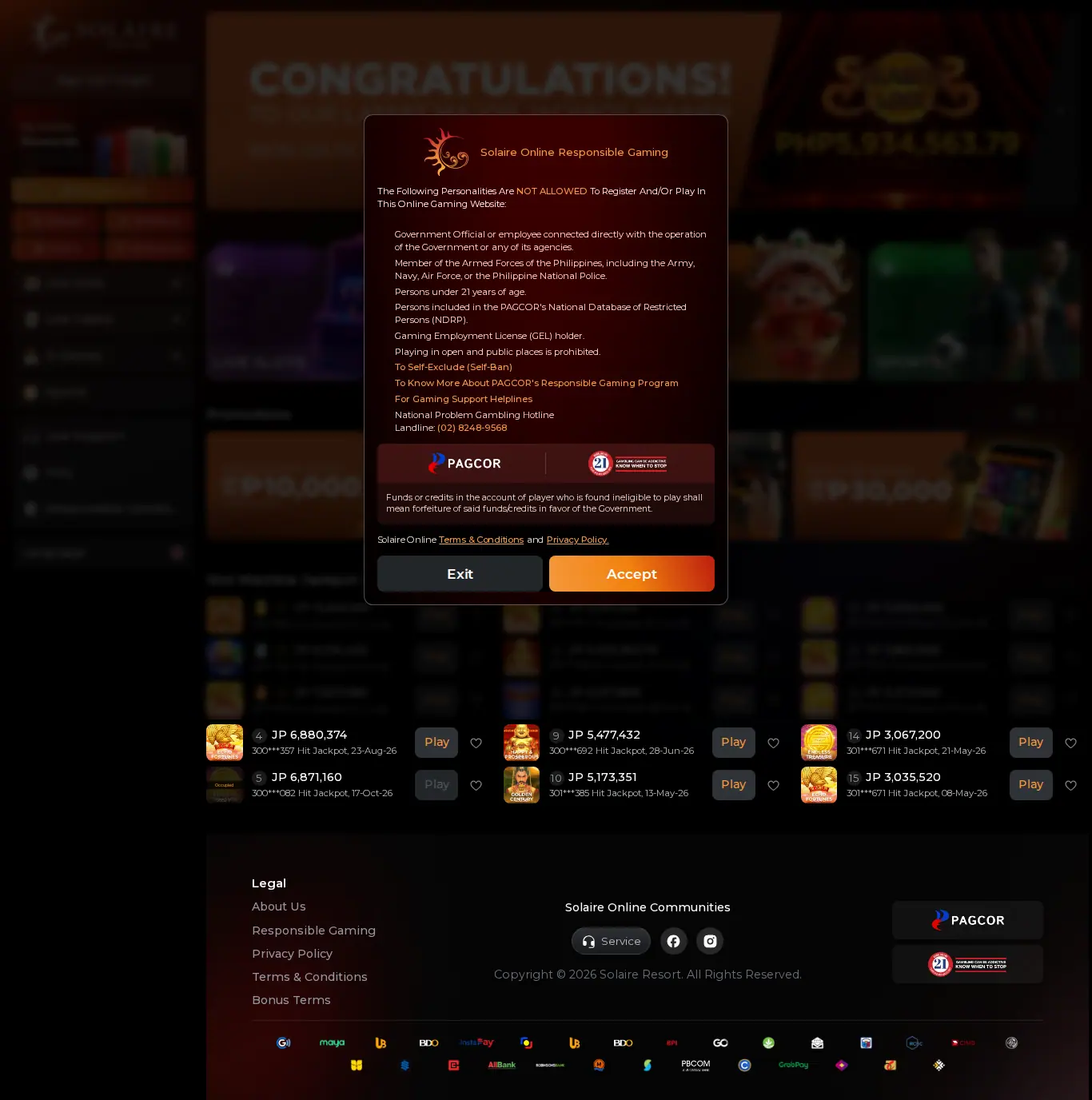 Homepage ng website ng Solaire Online sa desktop, buong pahina, kinuha Okt 24, 2026